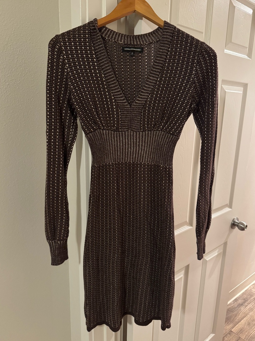 Express Brown V‑Neck Knit Mini Dress